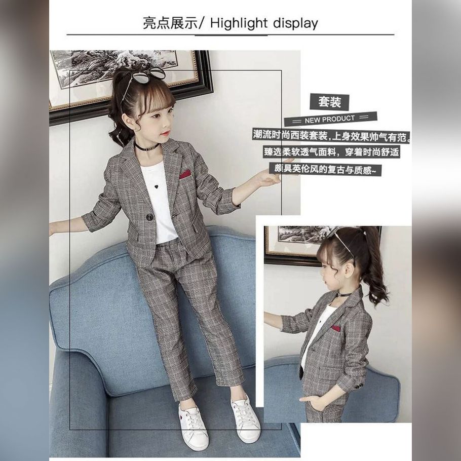 Princess Girl Plaid Blazers Suit for Children Formal Party Wedding Wear Kids Girl Suit Blazer Set Jacket + Pants Two Pieces Set