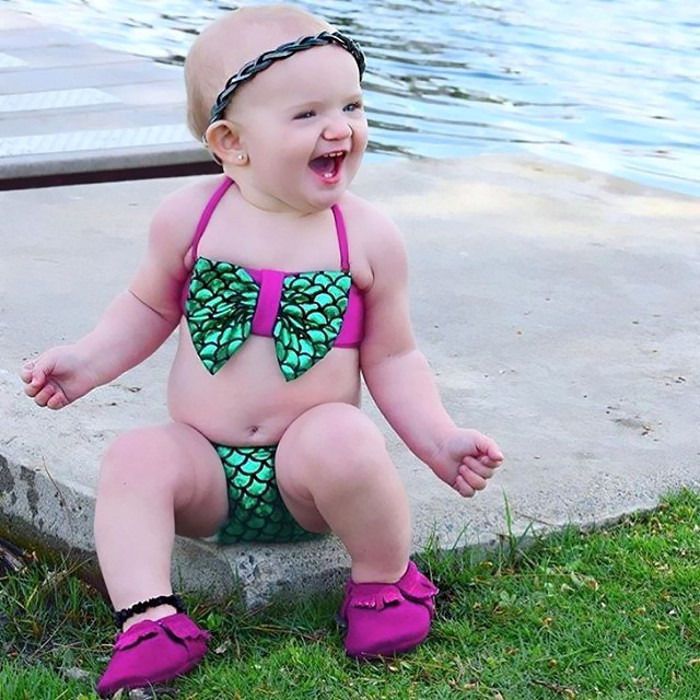 2Pcs Baby Girl's Mermaid Swimming Costume Swimwear, Sleeveless Bowknot Bikini Top, Triangle Crotch Short with Bow for Beach