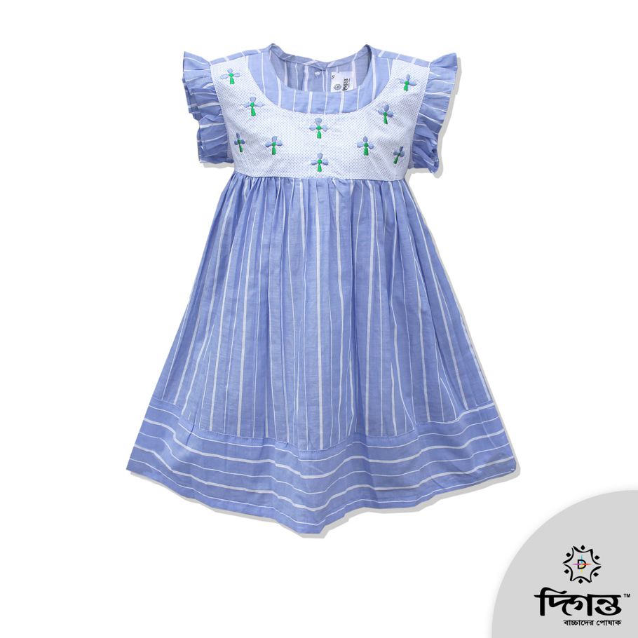 White and Light Blue Cotton Frock For Baby Girls -(HF-554)