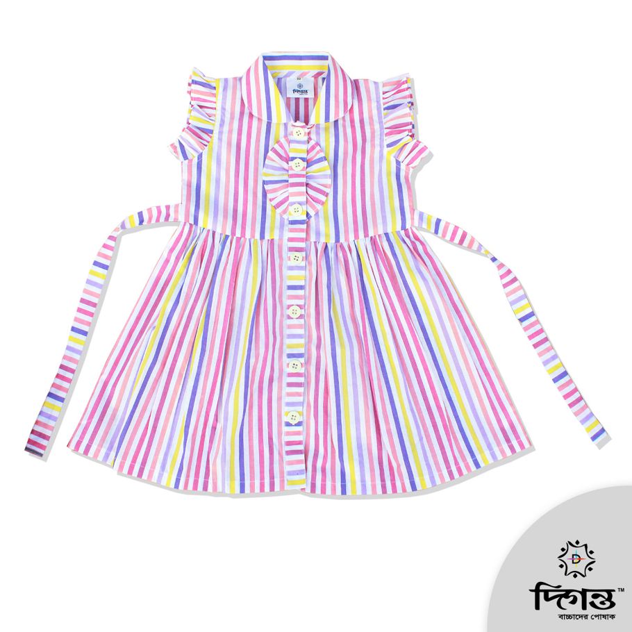 White and Multi Color Strip Cotton Frock For Baby Girls