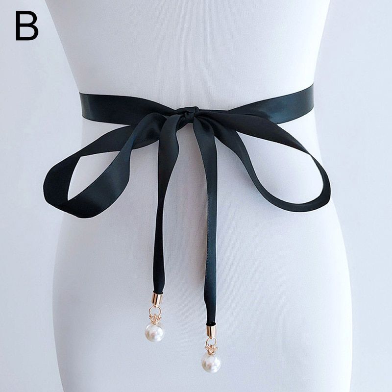 Pearl Pendant Style Prom Dress Belt Double Sided Satin Ribbons Sash Pearl Sash Thin Bridal Gown Wedding Belt