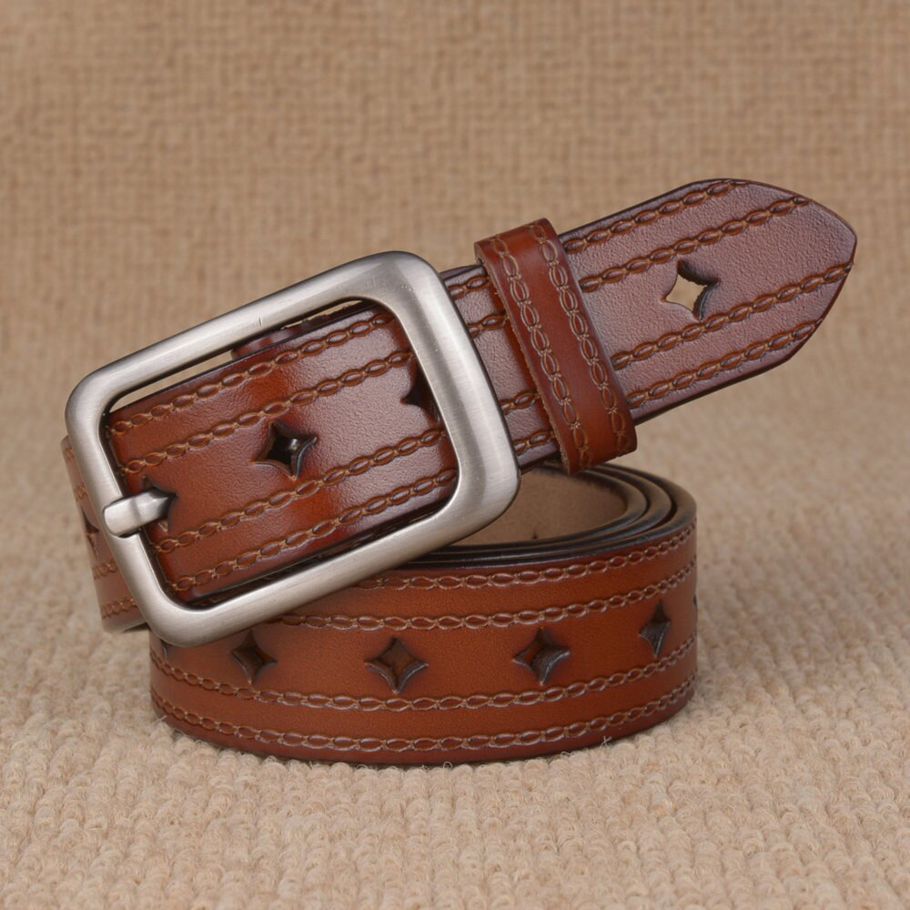 Wholesale and Retail Leather Women Belt Fashion Vintage Metal Embossing Leather Belts for Women Strap Female Pin Buckle