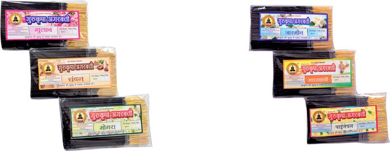 GURUSHRADDHA Incense Sticks Gulab Mogra Chandan Jasmine Pineapple Bharatvasi Agarbatti Natural Ecofriendly Fragrance (225gm.*6 pack.) Combo  (1350, Set of 6)