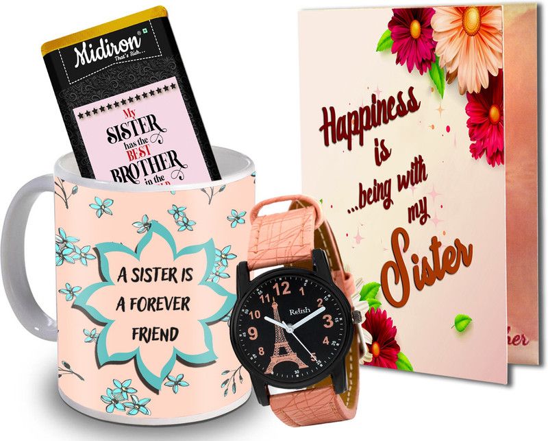 Midiron Gift for Sister| Chocolate Bar| Coffee Mug| Watch | Greeting Card on her Birthday, Anniversary, Rakhi Return Gift IZ20DT-27 Ceramic Gift Box  (Multicolor)