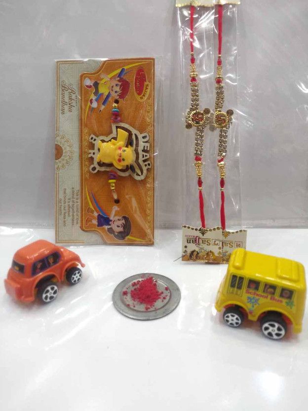 Rakhi, Chawal Roli Pack Set  (3 rakhi, 2 Toys, roli chawal)
