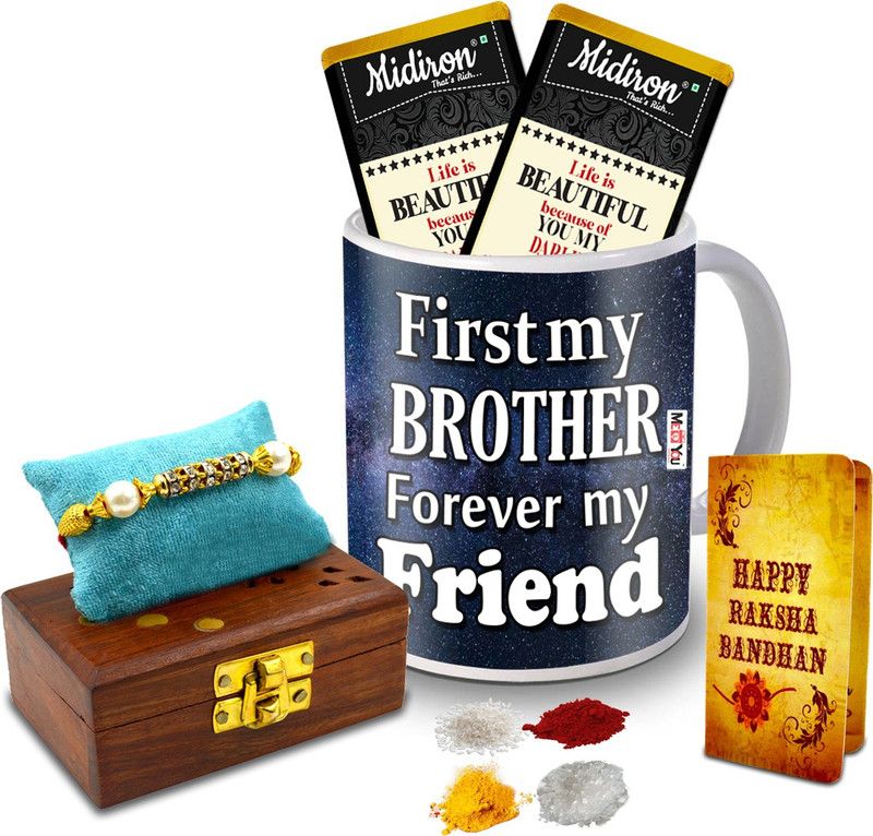 Midiron Rakhi Gift for Brother, Pearl Rakhi with Roli in wooden box| Small Message Card for Brother | Milk Chocolate Bar | Printed Coffee Mug for Brother IZ20-42 Ceramic, Wooden Gift Box  (Multicolor)