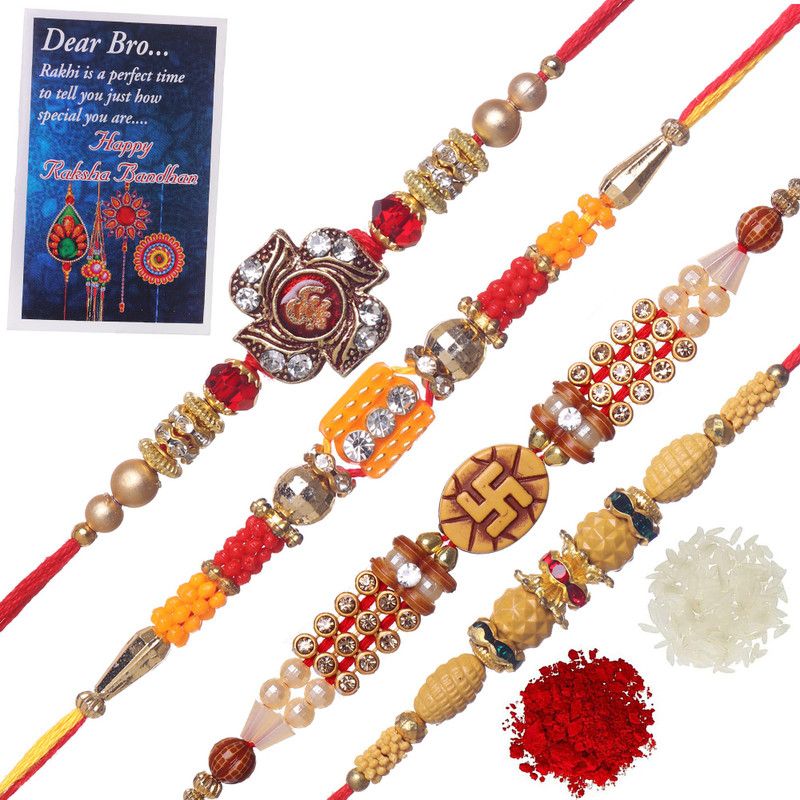 Chawal Roli Pack, Rakhi, Greeting Card Set  (4 Rakhi, 1 Card, Roli Chawal Pack)