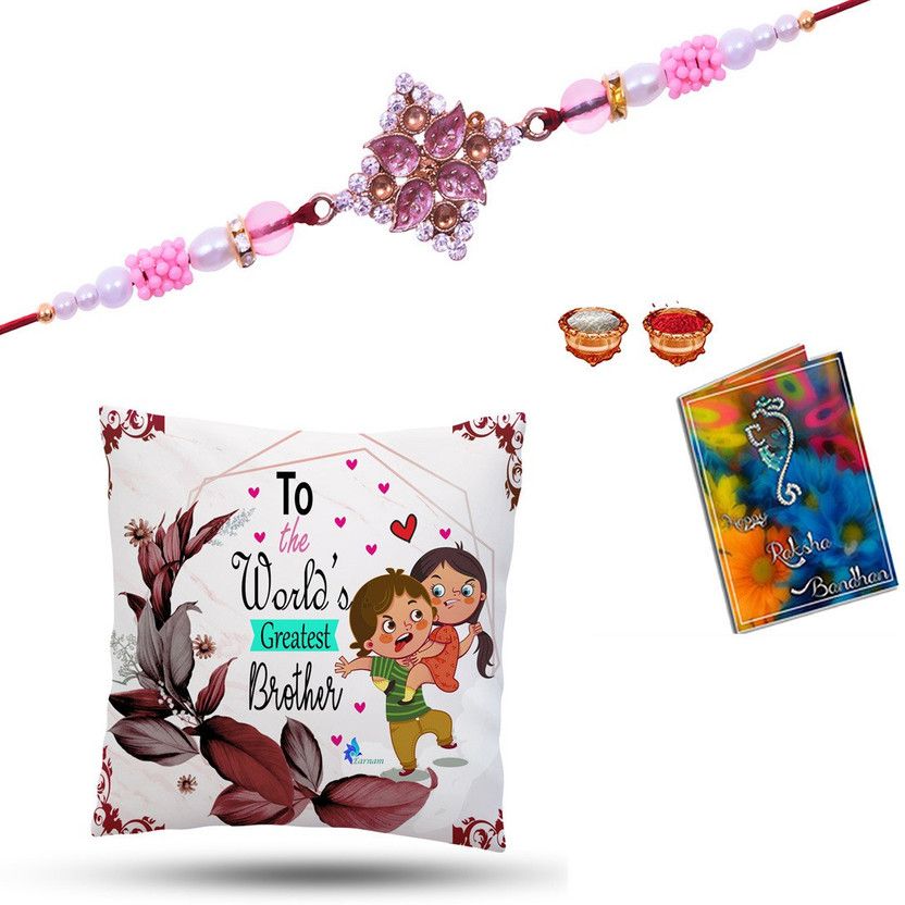 Rakhi, Cushion, Cushion Cover Set  (1Rakhi ,1Cushion ,1 Small Greeting Card ,Rolichawal)