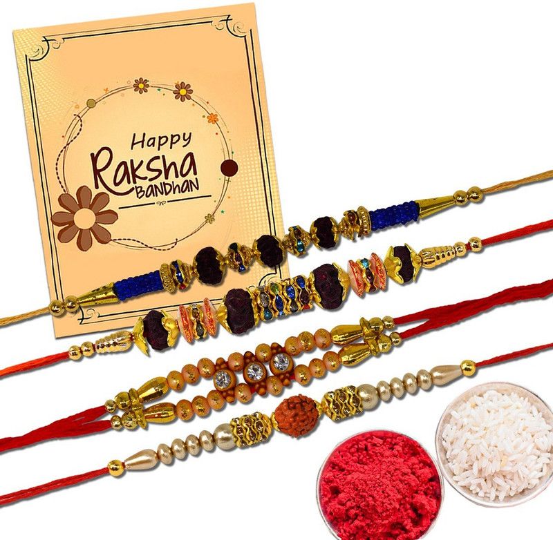 Rakhi, Greeting Card Set  (4 Designer Rakhi, 1 Roli Pack, 1 Greeting Card)