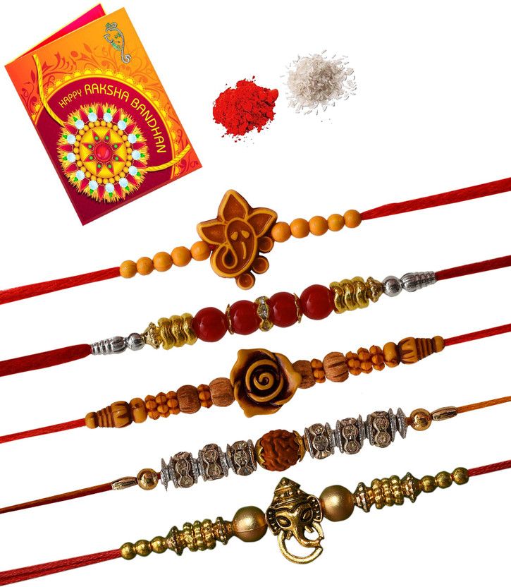 BA-BB-BC-BD-BN Rakhi, Greeting Card, Chawal Roli Pack Set  (5 Rakhi , 1 Greeting Chawal , 1 Roli Chawal)
