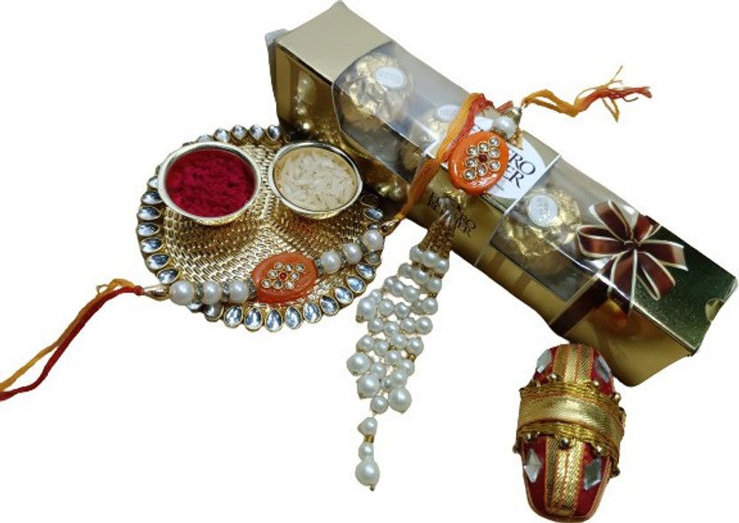 Rakhi, Chawal Roli Pack Set  (Rakhi set, Roli chawal bottles, Chocolates, Card)
