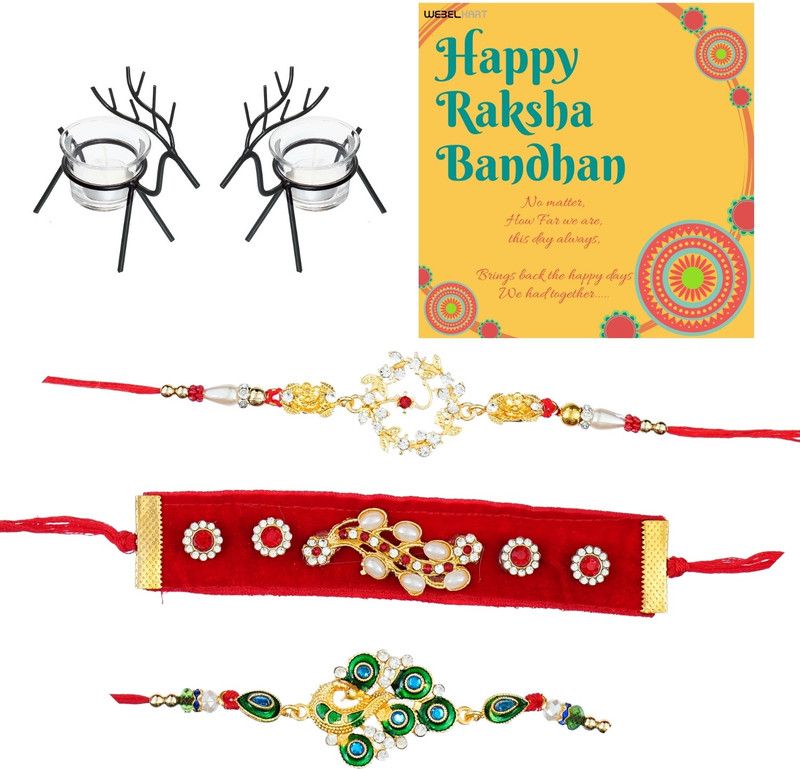 Chawal Roli Pack, Rakhi, Greeting Card, Candle Tealight Holder Set  (Package Contains : 3 Rakhi, 1 Packet Roli Chawal, 1 Best Wishes Card, 1 Deer Tealight Holder Set)