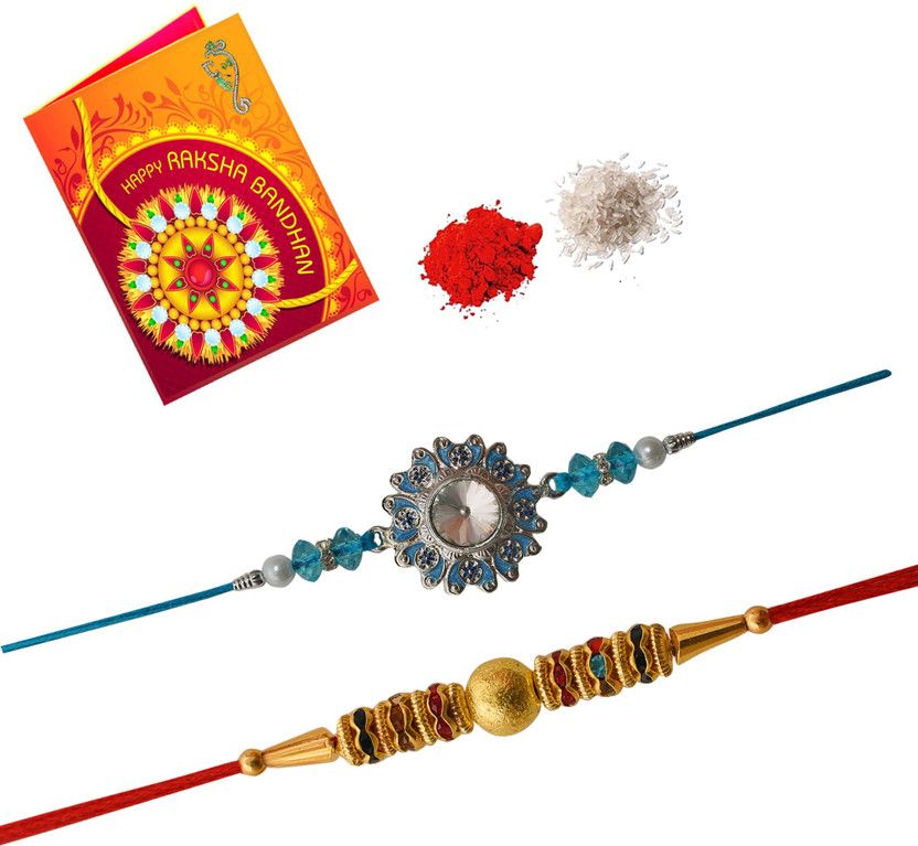 Chawal Roli Pack, Rakhi, Greeting Card Set  (RoliKumkum, Greeting Card, 2Rakhi)