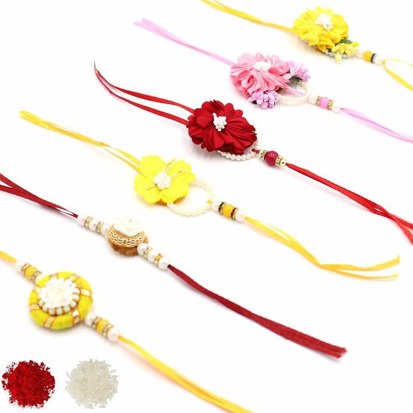 Rakhi, Chawal Roli Pack Set  (6 designer Rakhi)