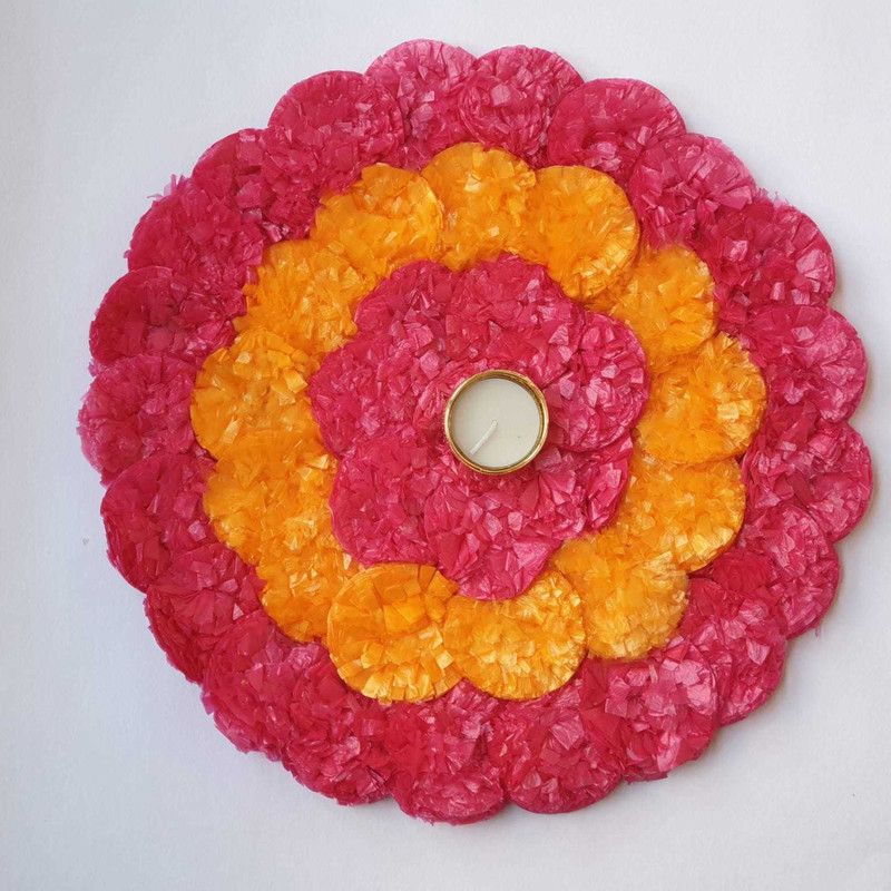 PRAHLL Designer Artificial Marigold Flower Rangoli with Tlite Candles Rangoli Stencil