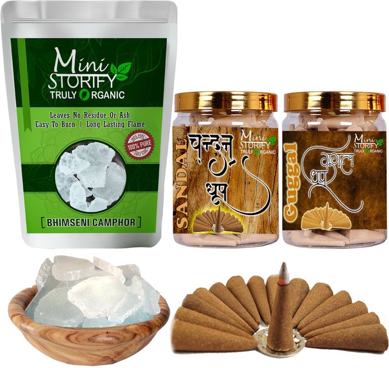 Mini Storify Truly Organic Bhimseni camphor 100gm,Gugle dhoop Cone 70pc,Sandle dhoop Cone 70pc (Pack-3) Dhoop  (Pack of 3)