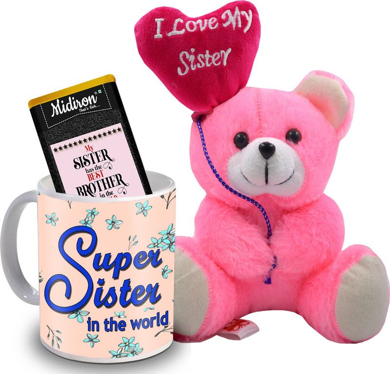 Midiron Gift for Sister| Chocolate Bar| Coffee Mug| Teddy on her Birthday, Anniversary, Rakhi Return Gift IZ20DT-07 Ceramic, Microfibre Gift Box  (Multicolor)