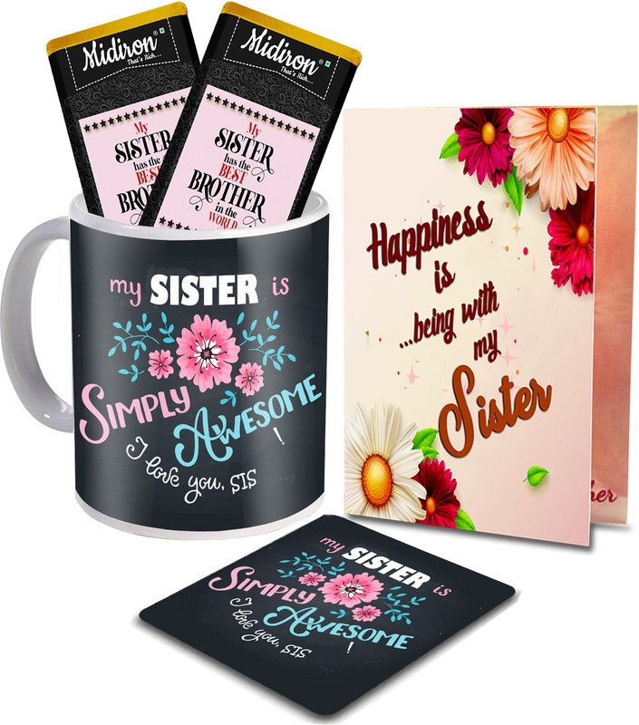 Midiron Gift For Sister | Chocolate Bar | Mug| Coaster | Greeting Card on her Birthday, Rakhi, Anniversary IZ20STSister-75 Ceramic Gift Box  (Multicolor)