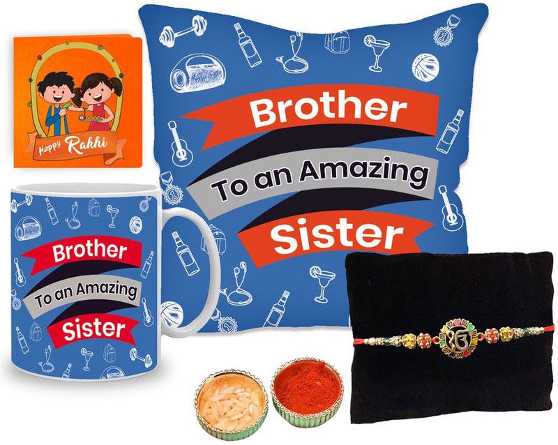 Rakhi, Mug, Chawal Roli Pack, Cushion, Cushion Cover, Greeting Card Set  (1 Elegant Designer Rakhi , Cushion Cover 12"x12" with Filler,1 Coffee Mug (11 Oz., 325 ml Capacity,1 Greetings Card, 1 Pack of Roli Chawal)