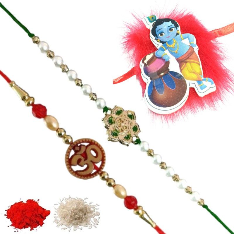 Rakhi, Chawal Roli Pack Set  (Rakhi Set of 3, Roli Packet, Chawal Packet)