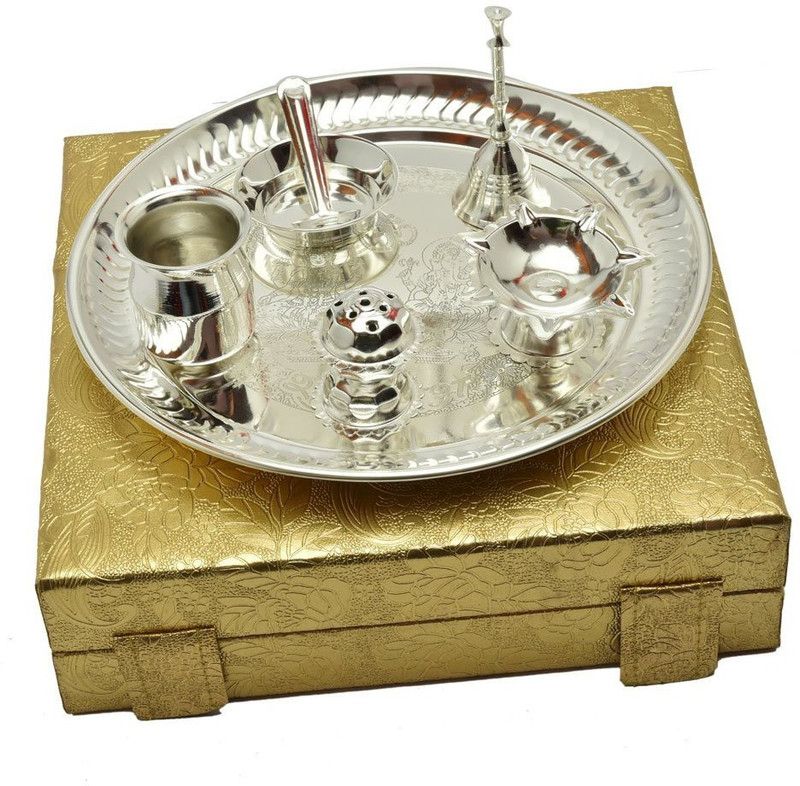 INTERNATIONAL GIFT German Silver Pooja Thali Set With Velvet Box Packing Brass  (6 Pieces, Silver)