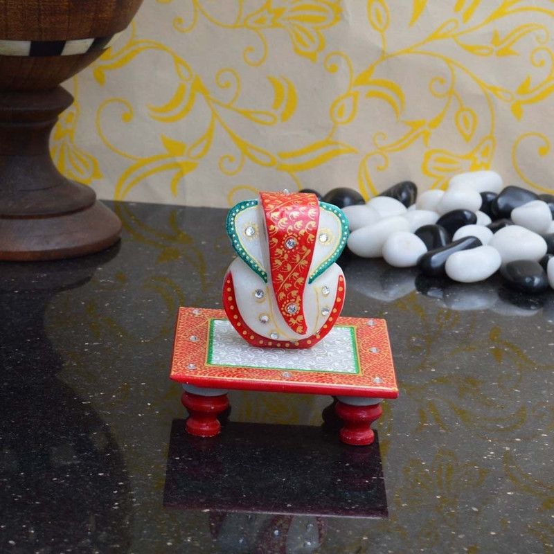 eCraftIndia Lord Ganesha on Red Marble Pooja Chowki  (Green, Red, Pack of 1)