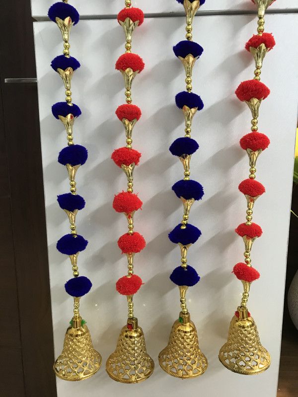 TATHAGATA Handmade Wall Door Dark Red and Blue color Pom Pom String Toran Golden Beads,Triangle Flowers Hanging Torans Garland Bandhwar (6 FT 4 Strings) Toran