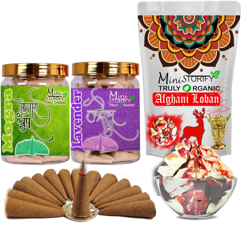 Mini Storify Truly Organic Red loban150gm,Mogra dhoop Cone 70pcs,Lavender dhoop Cone 70pcs (Pack of 3) Dhoop  (Pack of 3)