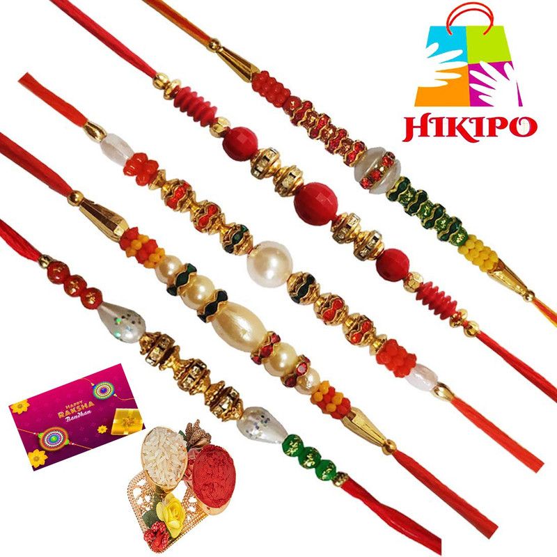 Rakhi, Greeting Card, Chawal Roli Pack Set  (5 Designer Rakhi Combo for Brother, 1 Roli 1 Chawal Tilak Pack, 1 Greeting Card)