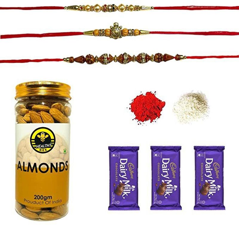 3Rakhi with Almonds 200G & 3Chocolate Tikka Pack Rakhi with Dry Fruits for Bhai Rakhi Set  (1)