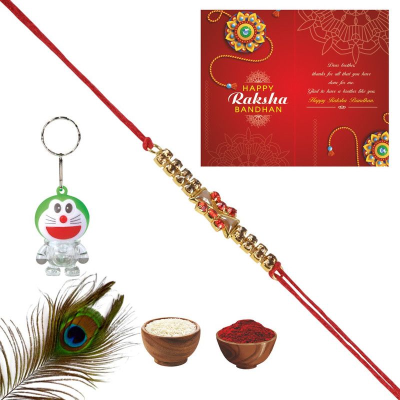 Rakhi, Chawal Roli Pack Set  (1 Rakhi, Keyring, Greeting Card)