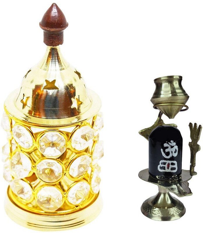 Adhvik Combo Of Crystal Akhand Diya Decorative Brass Oil Lamp ( 1 No ) Diya With Brass ( No 1 ) Small Size Black Shiva Ling Lingam Shivling Statue For Puja Purpose Brass  (Gold)