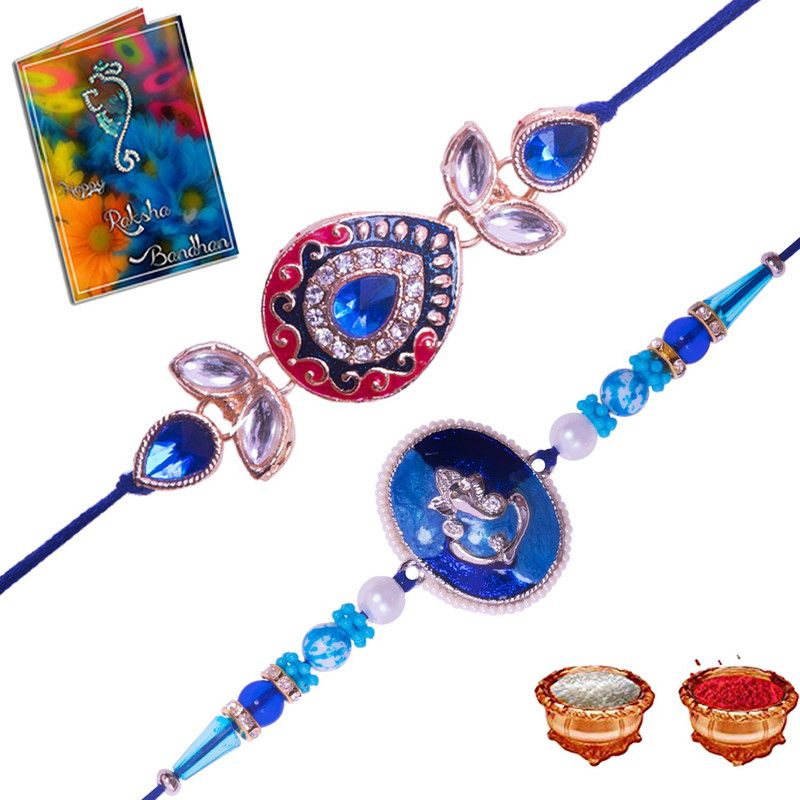 Rakhi, Greeting Card Set  (2 Rakhi set 1 Greeting Card 1 Roli Chawal)