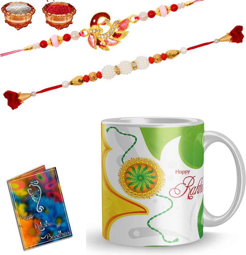 Rakhi, Mug Set  (1 CUP 2 rakhi 1 Greeting Card 1 Roli Chawal)