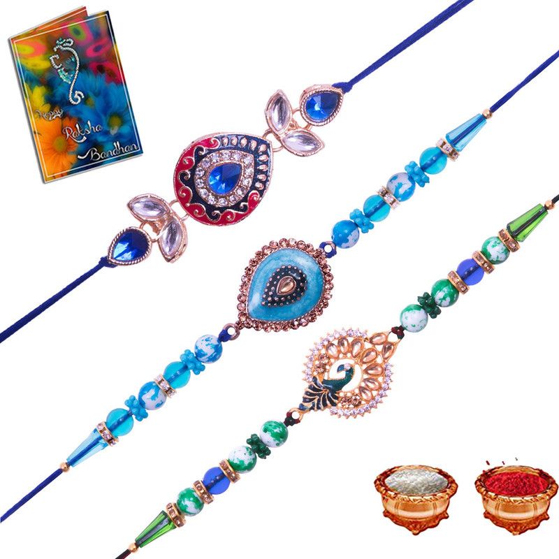 Chawal Roli Pack, Rakhi, Greeting Card Set  (3 Rakhi, 1 Roli Chawal, 1 Card)
