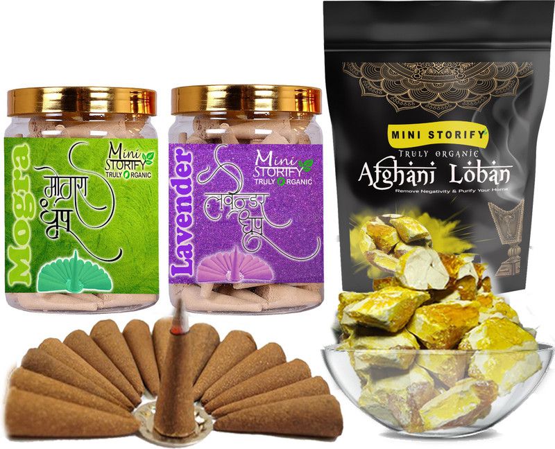 Mini Storify Truly Organic Yellow loban250gm,Mogra dhoop Cone 70pc,Lavender dhoop Cone 70pc (Pack of 3) Dhoop  (Pack of 3)