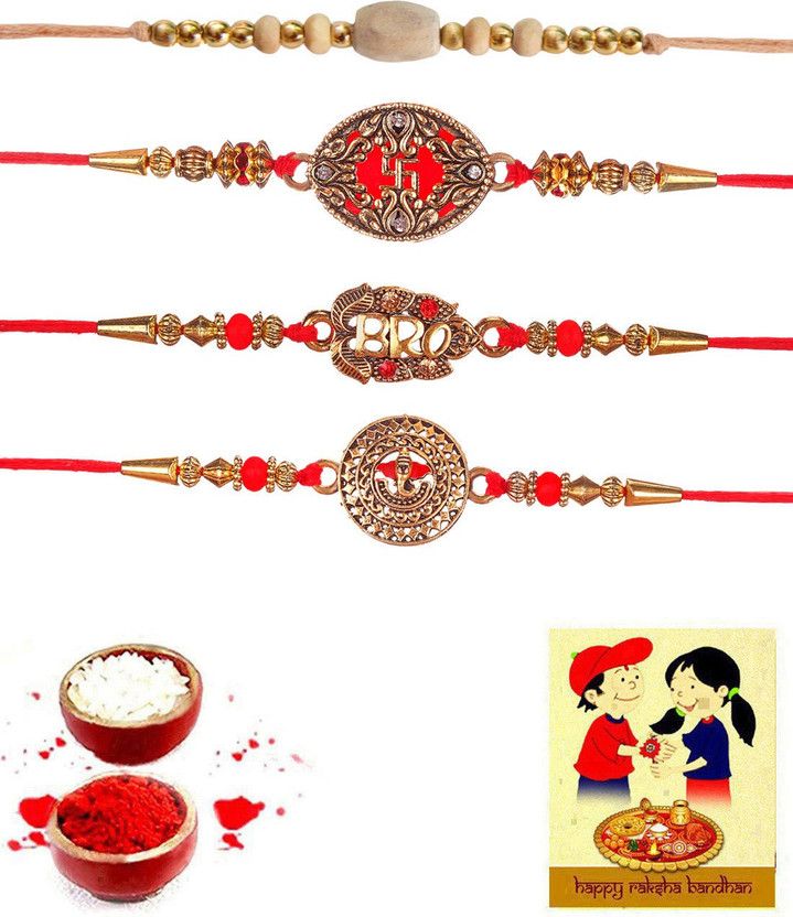 Rakhi, Chawal Roli Pack, Greeting Card Set  (4 Rakhi, 1 Greeting Card, 1 roli and chawal pack)