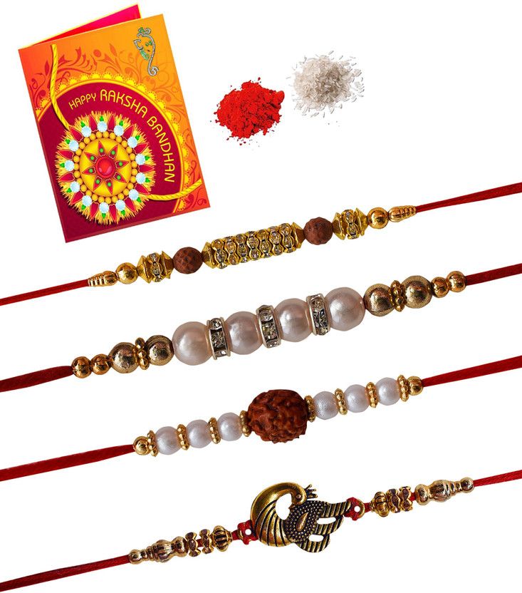 Chawal Roli Pack, Rakhi, Greeting Card Set  (Chawal Roli Pack, 4 Rakhi, Greeting)