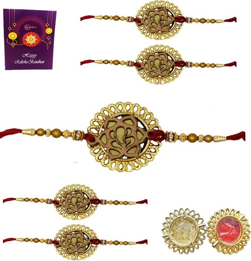 Rakhi Set  (5 Rakhi, Greting Card, Roli, Chawal)