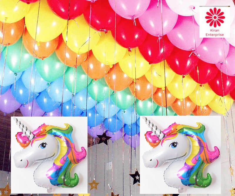KIRAN ENTERPRISES Solid 100 pc.Metallic Balloon ( Multi ) +2 Printed Unicorn Foil Balloon Balloon  (Multicolor, Pack of 102)