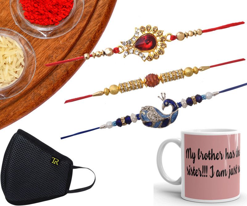 Rakhi Set  (3 Rakhi, 1 Roli Chawal Set, 1 Mug, 1Mask)
