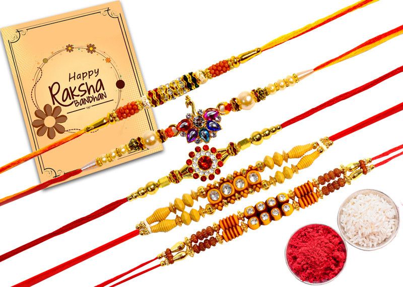 Rakhi, Greeting Card Set  (5 Designer Rakhi with Roli Chawal pack, 1 Small Greeting Card)