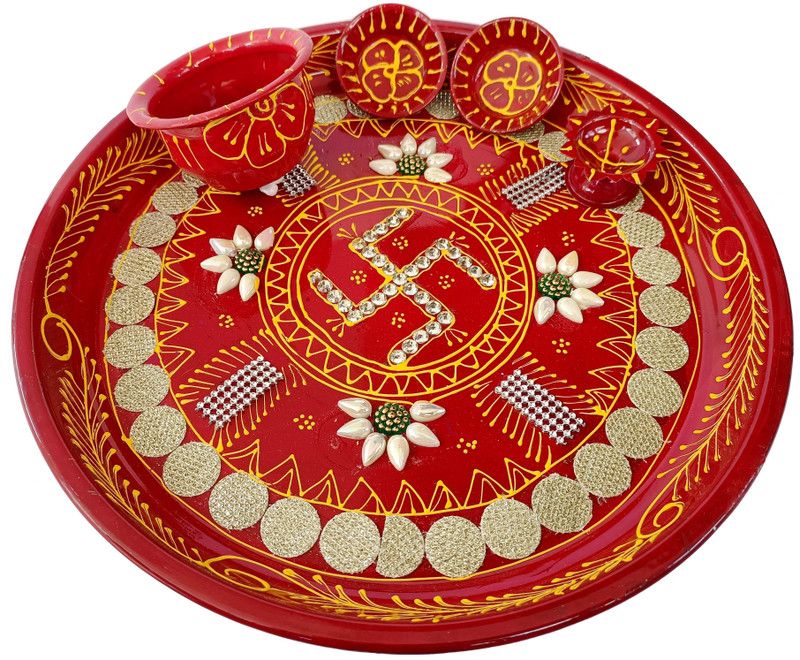 Kedar Pooja Thali Set for Diwali Pooja, Laxmi Pooja, Steel  (1 Pieces, Red)