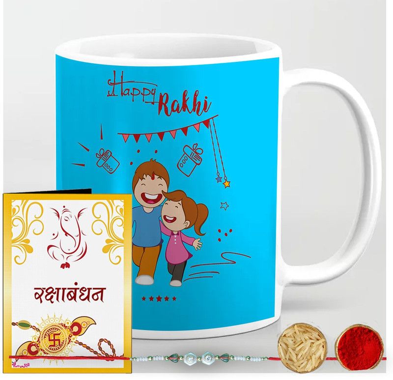 Mug, Greeting Card, Rakhi, Chawal Roli Pack Set  (1 Rakhi, Mug, Greeting card, Roli & Chawal)