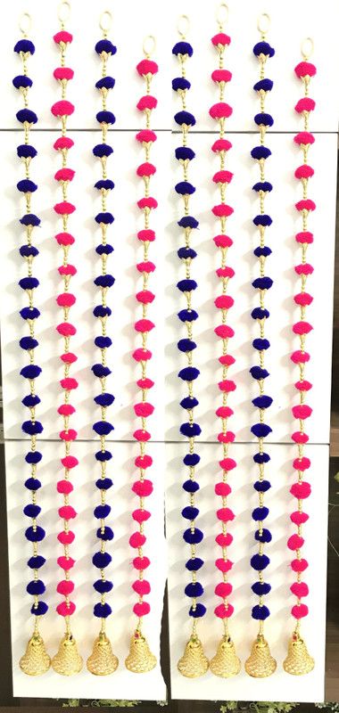 TATHAGATA Handmade Wall Door Dark Pink and Blue color Pom Pom String Toran Golden Beads,Triangle Flowers Hanging Torans Garland Bandhwar (5 FT 8 Strings) Toran