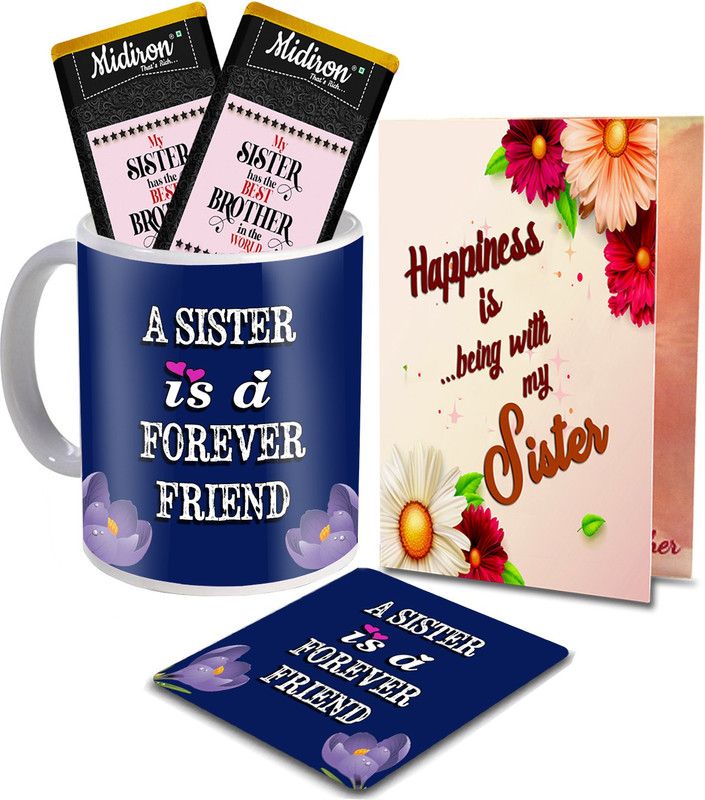 Midiron Gift For Sister | Chocolate Bar | Mug| Coaster | Greeting Card on her Birthday, Rakhi, Anniversary IZ20STSister-49 Ceramic Gift Box  (Multicolor)