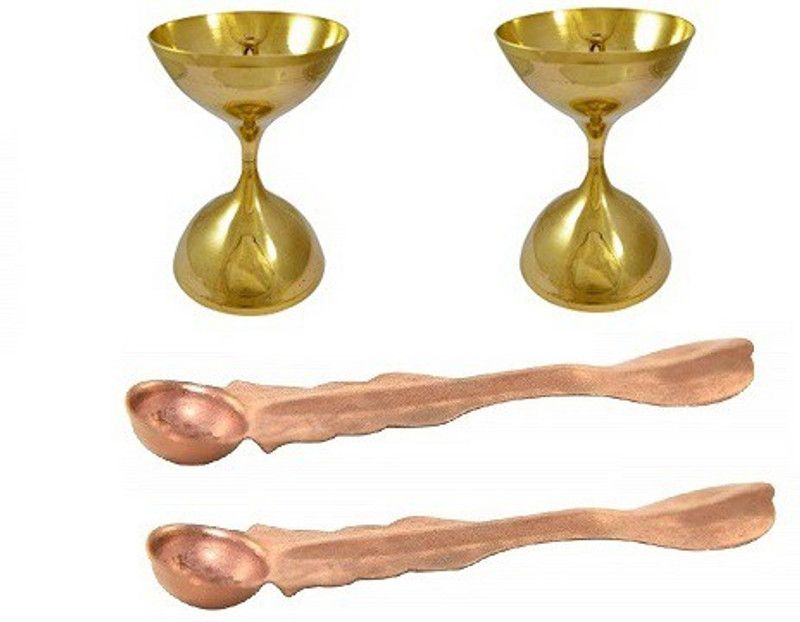 Uniqon Combo Of 2 Pcs Copper Punch Patra Spoon With 2 Pcs Classic Round Pure Brass Akhand Jyot ( 1 No Small Size )Puja Diya Brass  (Gold)