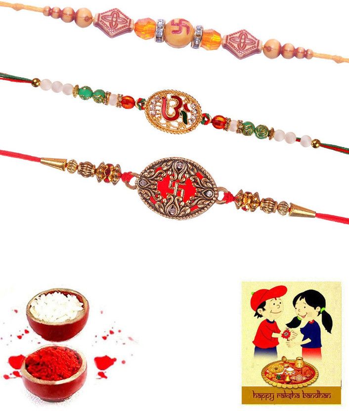 Rakhi Set  (3 Rakhi, 1 Best Wishes Greeting Card, 1 roli and 1 chawal pack)