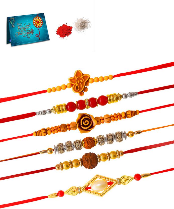 Rakhi, Greeting Card, Chawal Roli Pack Set  (6 Rakhi, 1 Greeting Card, 1 Roli chawal)