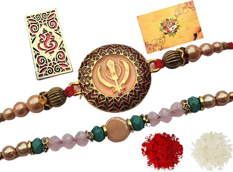 Chawal Roli Pack, Greeting Card, Rakhi Set  (2 Rakhi Set for Bhai, 1 Greeting Card, 1 Roli Chawal Chandan Mishri Pack)